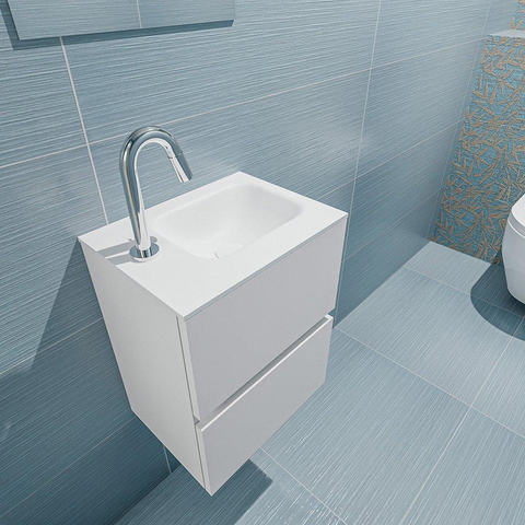 MONDIAZ ADA Meuble de toilettes - 40x30x50cm - 1 trou de robinet - 2 tiroirs - talc mat - lavabo à droite - Solid surface - Blanc SW472497