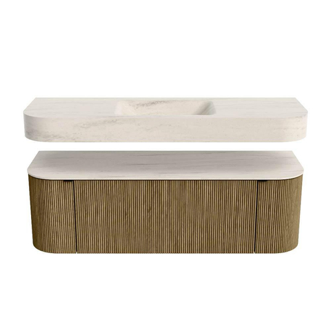 MONDIAZ THOR-DLUX Meuble de salle de bains 140cm arrondi gauche + droite couleur Dusk avec 1 tiroir et 2 portes. Vasque suspendue CLOUD Milieu sans trou de robinet couleur Meli. SW1464369
