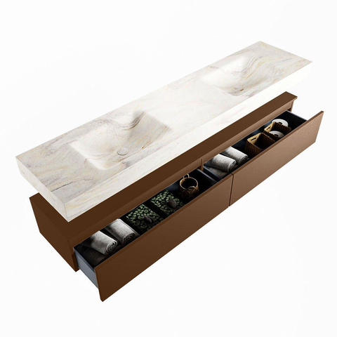 Mondiaz ALAN-DLUX Ensemble de meuble - 200cm - meuble Rust mat - 2 tiroirs - Lavabo Cloud Ostra suspendu - vasque gauche et droite - 2 trous de robinet SW807505