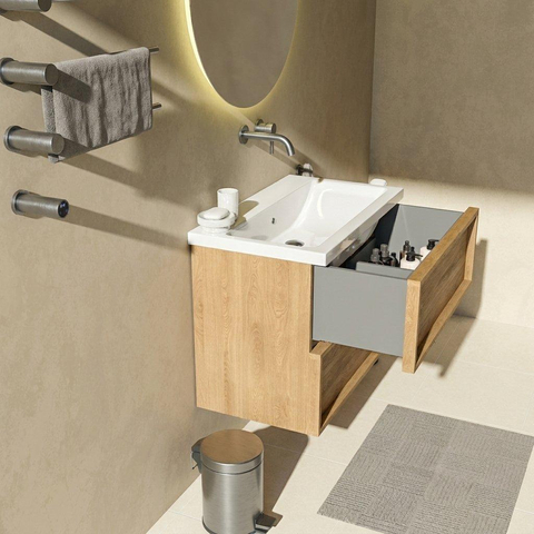 Saniclass Holz Frame Badkamermeubelset - 80x45x63.5cm - Bari keramische wastafel wit - 1 wasbak - zonder kraangat - 2 lades - mat eiken natural (hout) SW1579727