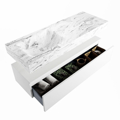 Mondiaz ALAN-DLUX Ensemble de meuble - 130cm - meuble Talc mat - 1 tiroir - Lavabo Cloud Glace suspendu - vasque Gauche - 1 trou de robinet SW805108