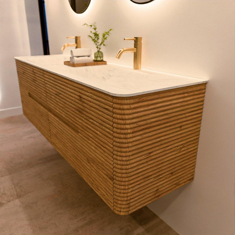 Mondiaz CIRO-DLUX Badkamermeubelset - 160x45x50cm - Solid surface wastafel Opalo - 2 wasbak Dubbel - 2 kraangaten - 4 lades - Oak SW1531034