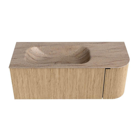 MONDIAZ KURVE-DLUX 115cm badmeubel ronding Rechts kleur Oak met 1 lade en 1 deur. Wastafel BIG SMALL Links zonder kraangat Saba. SW1433065