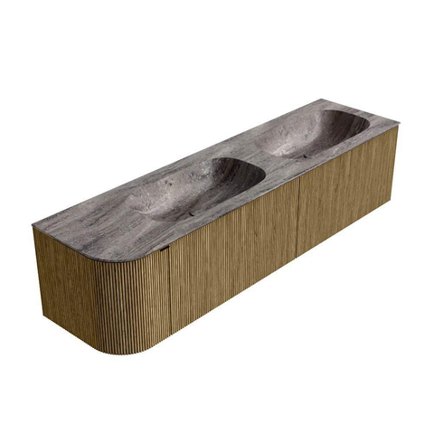 MONDIAZ KURVE-DLUX Meuble de salle de bains 175cm arrondi à gauche couleur Dusk avec 2 tiroirs et 1 porte. Lavabo STOR SMALL Double / Droite 2 trous de robinet Oza. SW1434065