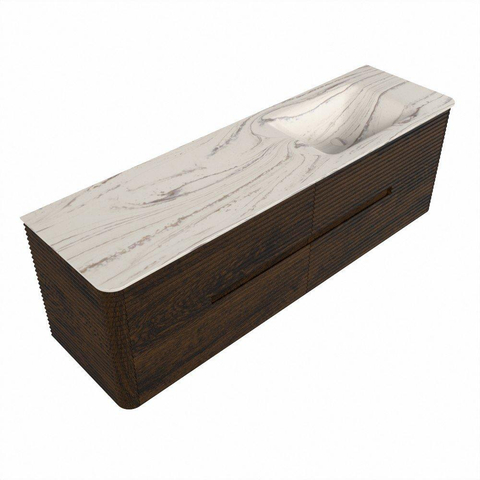 Mondiaz CIRO-DLUX Badkamermeubelset - 160x45x50cm - Solid surface wastafel Nata - 1 wasbak Rechts - 1 kraangat - 4 lades - Walnut SW1530576