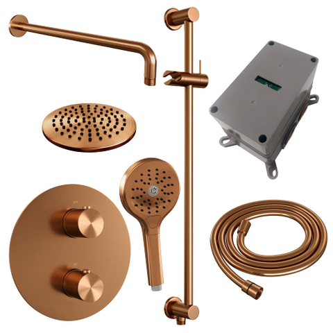 BRAUER Copper Edition douche thermostatique encastrée - 3 voies - rond - ensemble 93 - douche principale de 20 cm - bras mural courbé - douchette à main 3 positions - flexible de douche - barre de douche intégrée - cuivre brossé PVD SW1159066