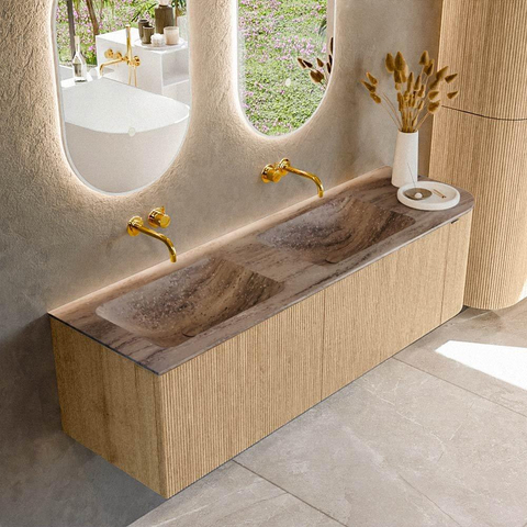MONDIAZ KURVE-DLUX Meuble de salle de bains 155cm arrondi à droite couleur Oak avec 2 tiroirs et 1 porte. Lavabo LEAF Double / Gauche sans trou de robinet Oza. SW1432677