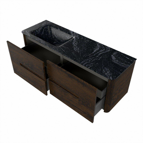 Mondiaz CIRO-DLUX Ensemble de meubles de salle de bains - 140x45x50cm - Plan-vasque en solid surface Lava - 1 vasque à gauche - 1 trou de robinet - 4 tiroirs - Noyer SW1530123