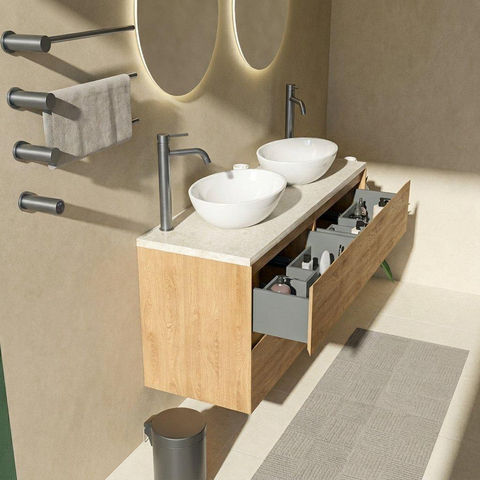 Saniclass Holz Pure Badkamermeubelset - 140x45x63cm - Travertine natuurstenen topblad - 2 kraangaten - 4 lades - mat eiken natural (hout) SW1478902