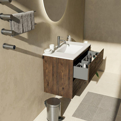 Saniclass Holz Pure Ensemble de meubles de salle de bains - 80x45x62cm - Lavabo Vygo en céramique blanc - 1 vasque - 1 trou de robinetterie - 2 tiroirs - chêne charcoal mat (bois) SW1478913