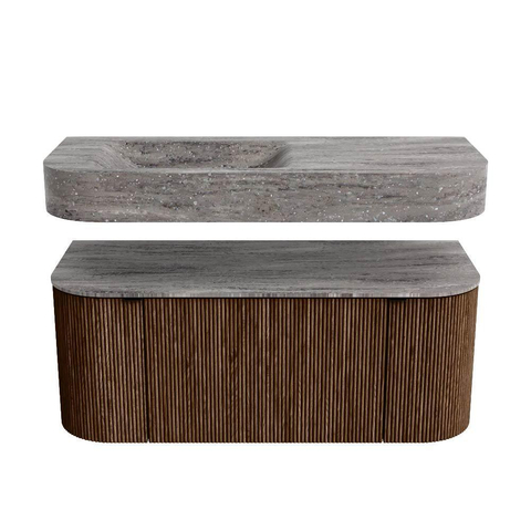 MONDIAZ THOR-DLUX Meuble de salle de bains 110cm arrondi gauche + droite couleur Walnut avec 1 tiroir et 2 portes. Vasque suspendue CLOUD Gauche sans trou de robinet couleur Oza. SW1462986