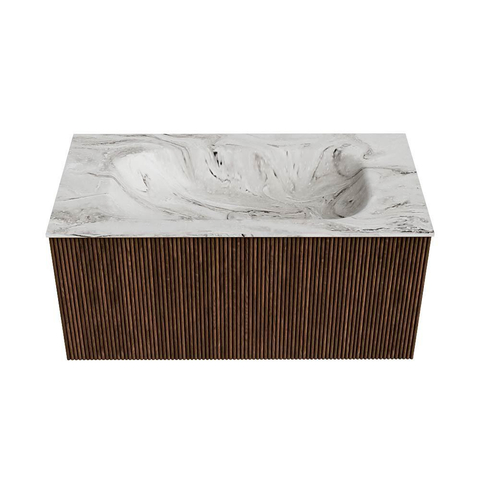 MONDIAZ KURVE-DLUX Meuble de salle de bains 90 cm couleur Walnut avec 1 tiroir. Lavabo BIG SMALL central 1 trou de robinet couleur Glace. SW1138053