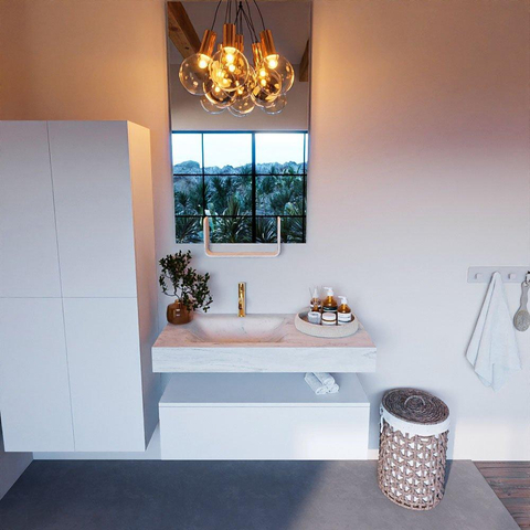 Mondiaz ALAN-DLUX Ensemble de meuble - 100cm - meuble Talc mat - 1 tiroir - Lavabo Cloud Opalo suspendu - vasque Gauche - 1 trou de robinet SW806183