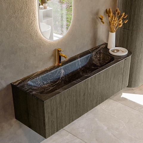 Mondiaz KURVE-DLUX Ensemble de meuble de salle de bains - 145x46x40cm - 1 tiroir - 1 porte - lavabo solid surface - gauche - 1 trou de robinet - Shadow SW1414672