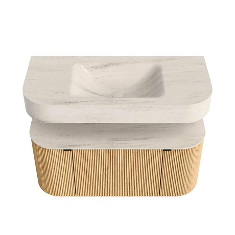 MONDIAZ THOR-DLUX 100cm meuble de salle de bains arrondi gauche + droite couleur Oak avec 1 tiroir et 2 portes. Vasque suspendue CLOUD Centre sans trou de robinet couleur Meli. SW1467468