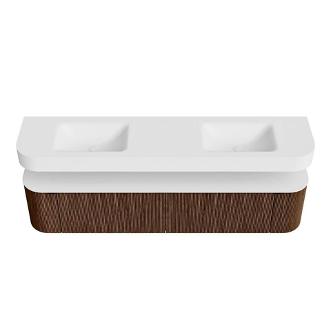 MONDIAZ THOR 200cm badmeubel ronding links + rechts kleur Walnut met 2 lades en 2 deuren. Vrijhangende wastafel CLOUD Dubbel 2 kraangaten kleur Talc. SW1466986