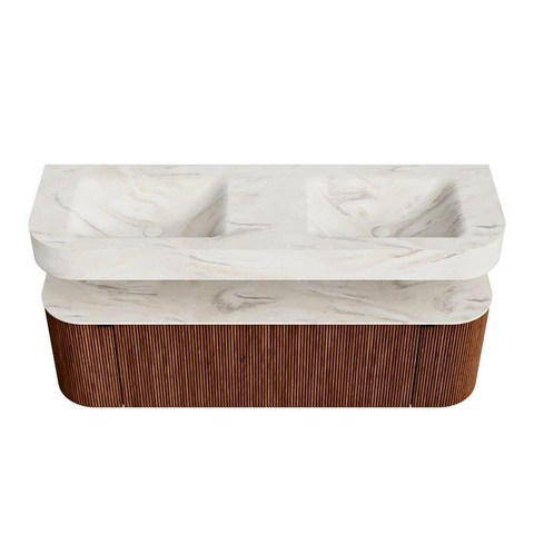 MONDIAZ THOR-DLUX 150cm meuble de salle de bains arrondi gauche + droite couleur Ruby avec 1 tiroir et 2 portes. Vasque suspendue CLOUD Double 2 trous de robinet couleur Ostra. SW1464588