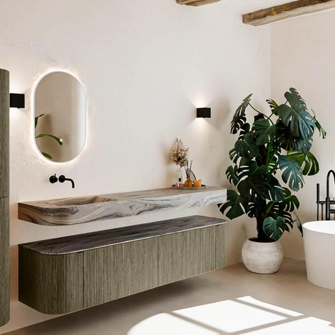 MONDIAZ THOR-DLUX Meuble de salle de bains 190cm arrondi gauche + droite couleur Shadow avec 2 tiroirs et 2 portes. Vasque suspendue CLOUD Gauche sans trou de robinet couleur Sombra. SW1466718