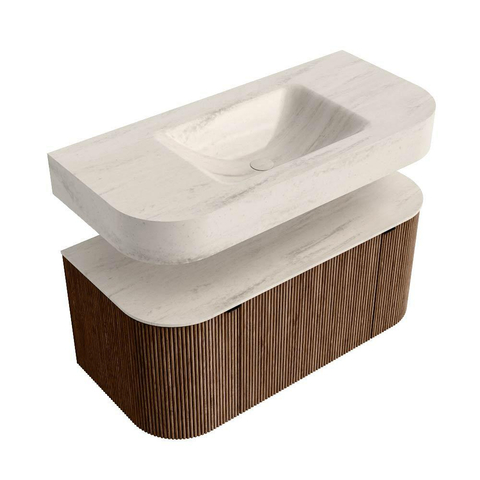 MONDIAZ THOR-DLUX 100cm meuble de salle de bains arrondi gauche + droite couleur Walnut avec 1 tiroir et 2 portes. Vasque suspendue CLOUD Milieu 1 trou de robinet couleur Meli. SW1467475