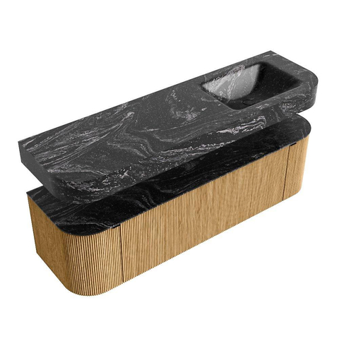 MONDIAZ THOR-DLUX 160cm meuble de salle de bains arrondi gauche + droite couleur Oak avec 1 tiroir et 2 portes. Vasque suspendue CLOUD droite 1 trou de robinet couleur Lava. SW1464963