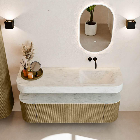 MONDIAZ THOR-DLUX 150cm badmeubel ronding links + rechts kleur Dusk met 1 lade en 2 deuren. Vrijhangende wastafel CLOUD Rechts zonder kraangat kleur Opalo. SW1464517