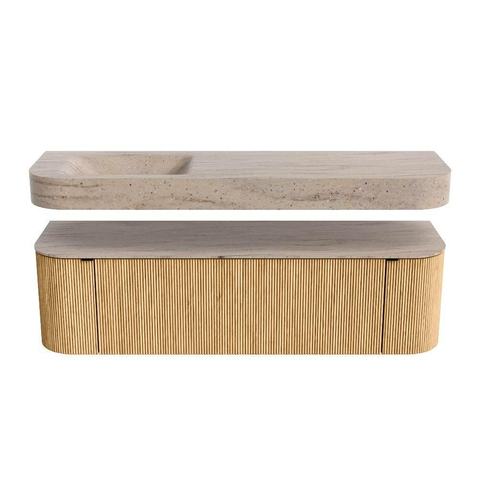 MONDIAZ THOR-DLUX 160cm meuble de salle de bains arrondi gauche + droite couleur Oak avec 1 tiroir et 2 portes. Vasque suspendue CLOUD Gauche sans trou de robinet couleur Saba. SW1465332