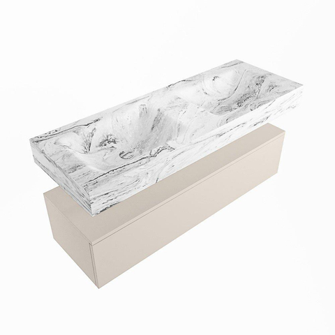 Mondiaz ALAN-DLUX Ensemble de meuble - 130cm - meuble Linen mat - 1 tiroir - Lavabo Cloud Glace suspendu - vasque Gauche et droite - 2 trous de robinet SW805944