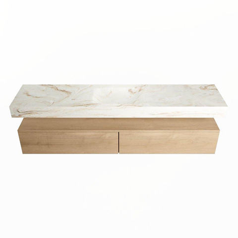 Mondiaz ALAN-DLUX Ensemble de meuble - 200cm - meuble Washed Oak mat - 2 tiroirs - Lavabo Cloud Frappe suspendu - vasque Centre - 0 trous de robinet SW808789