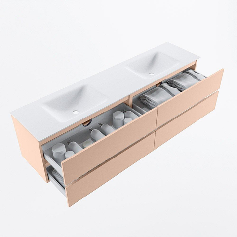 MONDIAZ Vica Ensemble meuble de salle de bains - 190cm - meuble bas rosee - 4 tiroirs - lavabo cloud double - sans trous de robinet - version haute 60cm - talc SW1083411