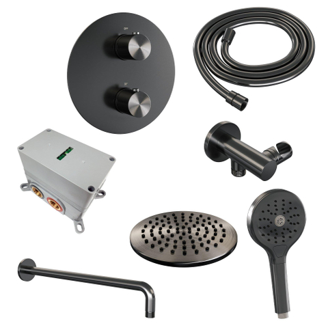 BRAUER Gunmetal Edition douche thermostatique encastrée - 3 voies - rond - set 81 - douche principale de 20 cm - bras mural courbé - douchette à main 3 positions - flexible de douche - coude mural - gunmetal brossé PVD SW1159091