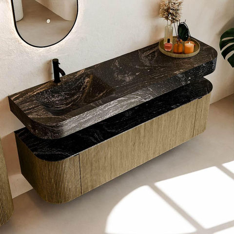 MONDIAZ THOR-DLUX 160cm meuble de salle de bains arrondi gauche + droite couleur Dusk avec 1 tiroir et 2 portes. Vasque suspendue CLOUD Gauche 1 trou de robinet couleur Lava. SW1465269