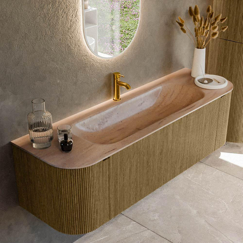 MONDIAZ KURVE-DLUX Meuble de salle de bains 150cm arrondi Gauche + Droit couleur Dusk avec 1 tiroir et 2 portes. Lavabo BIG MEDIUM Central 1 trou de robinet Saba. SW1433345