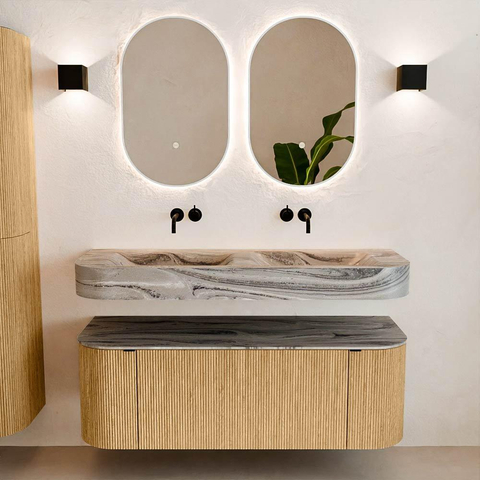 MONDIAZ THOR-DLUX 130cm badmeubel ronding links + rechts kleur Oak met 1 lade en 2 deuren. Vrijhangende wastafel CLOUD Dubbel zonder kraangat kleur Sombra. SW1464107