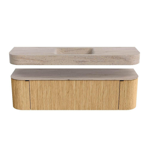 MONDIAZ THOR-DLUX 160cm meuble de salle de bains arrondi gauche + droite couleur Oak avec 1 tiroir et 2 portes. Vasque suspendue CLOUD Centre sans trou de robinet couleur Saba. SW1465325