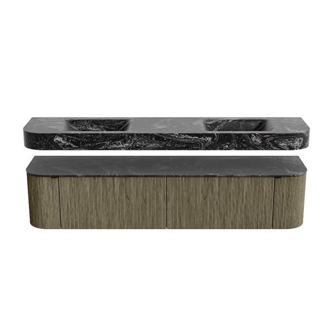 MONDIAZ THOR-DLUX 200cm meuble de salle de bains arrondi gauche + droite couleur Shadow avec 2 tiroirs et 2 portes. Vasque suspendue CLOUD Double 2 trous de robinet couleur Lava. SW1467033