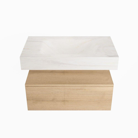 Mondiaz ALAN-DLUX Ensemble de meuble - 80cm - meuble Washed Oak mat - 1 tiroir - Lavabo Cloud Ostra suspendu - vasque Centre - 1 trou de robinet SW808929