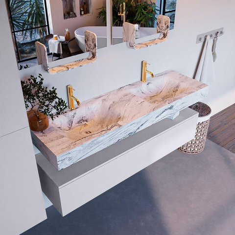 Mondiaz ALAN-DLUX Ensemble de meuble - 150cm - meuble Cale mat - 1 tiroir - Lavabo Cloud Glace suspendu - vasque Gauche et droite - 2 trous de robinet SW805525