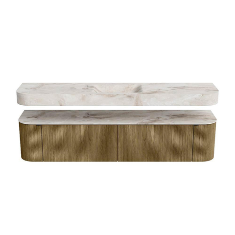 MONDIAZ THOR-DLUX 200cm meuble de salle de bains arrondi gauche + droite couleur Dusk avec 2 tiroirs et 2 portes. Vasque suspendue CLOUD Milieu sans trou de robinet couleur Frappe. SW1466823