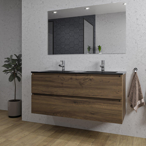 Saniclass Chaci Meuble de salle de bain - 120x46x55cm - lavabo en céramique noir - 2 vasques - 2 trous de robinet - 2 tiroirs - miroir rectangulaire - noyer (hout) SW816579