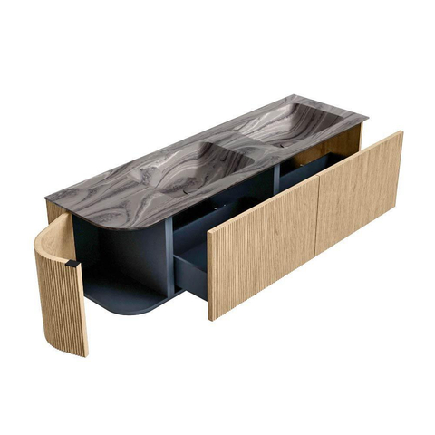 MONDIAZ KURVE-DLUX 155cm badmeubel ronding Links kleur Oak met 2 lades en 1 deur. Wastafel LEAF Dubbel / Rechts zonder kraangat Sombra. SW1433597