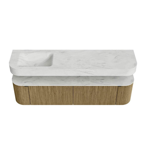 MONDIAZ THOR-DLUX 180cm meuble de salle de bains arrondi gauche + droite couleur Dusk avec 2 tiroirs et 2 portes. Vasque suspendue CLOUD Gauche 1 trou de robinet couleur Opalo. SW1466019