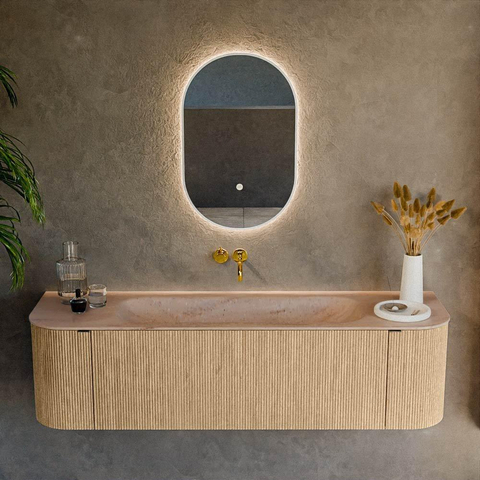 MONDIAZ KURVE-DLUX 160cm badmeubel ronding Links + Rechts kleur Oak met 1 lade en 2 deuren. Wastafel BIG MEDIUM Midden zonder kraangat Saba. SW1433089