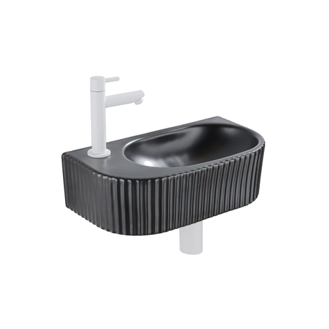 QeramiQ Fuente Ensemble de Lavabo - 40x21.5x12cm - gauche - strié - demi-rond - 1 trou de robinet - céramique - ensemble de robinet blanc mat - bouchon de vidange - siphon abaissé - noir mat SW1233010