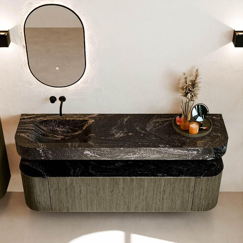 MONDIAZ THOR-DLUX 170cm meuble de salle de bains arrondi gauche + droite couleur Shadow avec 1 tiroir et 2 portes. Vasque suspendue CLOUD gauche sans trou de robinet couleur Lava. SW1465517