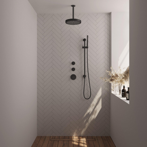 BRAUER Stripe Douche de pluie thermostatique encastrée - SET 09 - pomme de douche 25cm - bras plafond - douchette à main sur barre - flexible de douche - barre coulissante intégrée - noir mat SW1435136