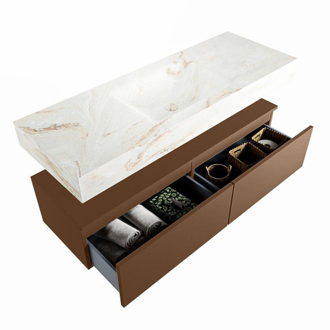 Mondiaz ALAN-DLUX Ensemble de meuble - 130cm - meuble Rust mat - 2 tiroirs - Lavabo Cloud Frappe suspendu - vasque Centre - 1 trou de robinet SW804873