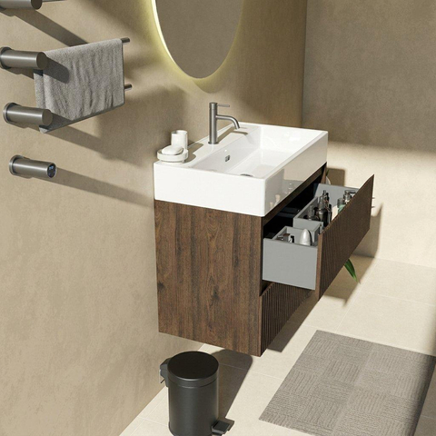 Saniclass Holz Atelier Badkamermeubelset - 80x45x72cm - Legend keramische wastafel wit - 1 wasbak - 1 kraangat - 2 lades - mat eiken charcoal (hout) SW1478471