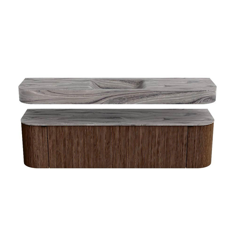 MONDIAZ THOR-DLUX 170cm meuble de salle de bains arrondi gauche + droite couleur Walnut avec 1 tiroir et 2 portes. Vasque suspendue CLOUD Milieu 1 trou de robinet couleur Sombra. SW1465850
