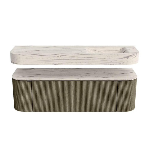 MONDIAZ THOR-DLUX 150cm meuble de salle de bains arrondi gauche + droite couleur Shadow avec 1 tiroir et 2 portes. Vasque suspendue CLOUD Droite 1 trou de robinet couleur Nata. SW1464817