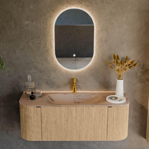 MONDIAZ KURVE-DLUX Meuble de salle de bains 120 cm arrondi Gauche + Droite couleur Chêne avec 1 tiroir et 2 portes. Vasque BIG SMALL Milieu 1 trou de robinet Arena. SW1431094